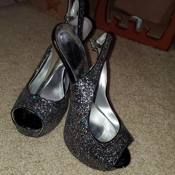 Black multi color glittered open toe sling backs - Picture 4 of 4